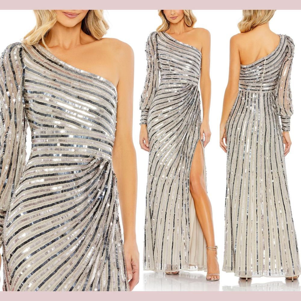 NWT $598 MAC DUGGAL [ 8 ] 10793 Asymmetrical One‎ Shoulder Sequin Gown Platinum